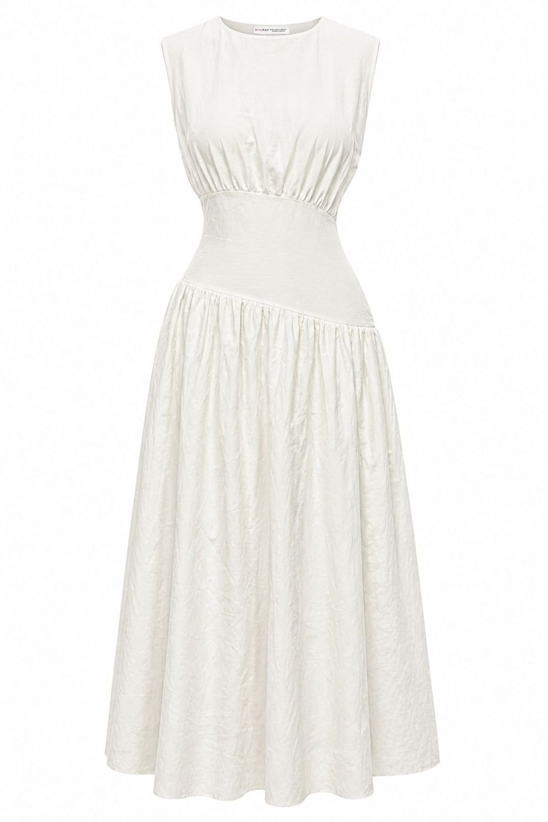 MixRay White Cotton Knit Midi Dress with Buttons