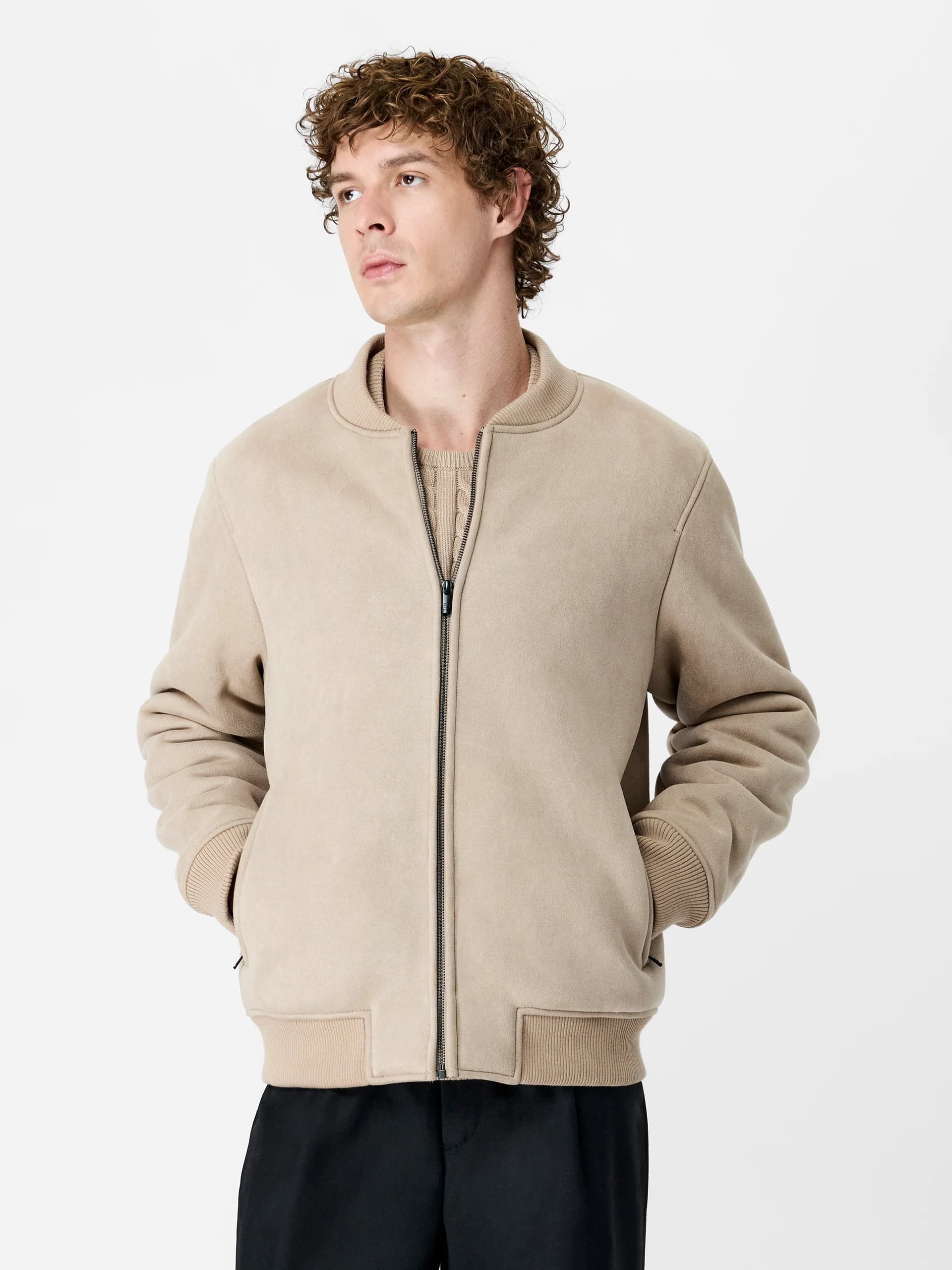 French Connection Sand Faux Suede Zip Through Bomber Jacket Sand