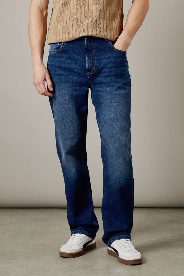 Burton Burton Men's Dark Wash Stretch Straight Fit Jeans in Dark Blue - 2