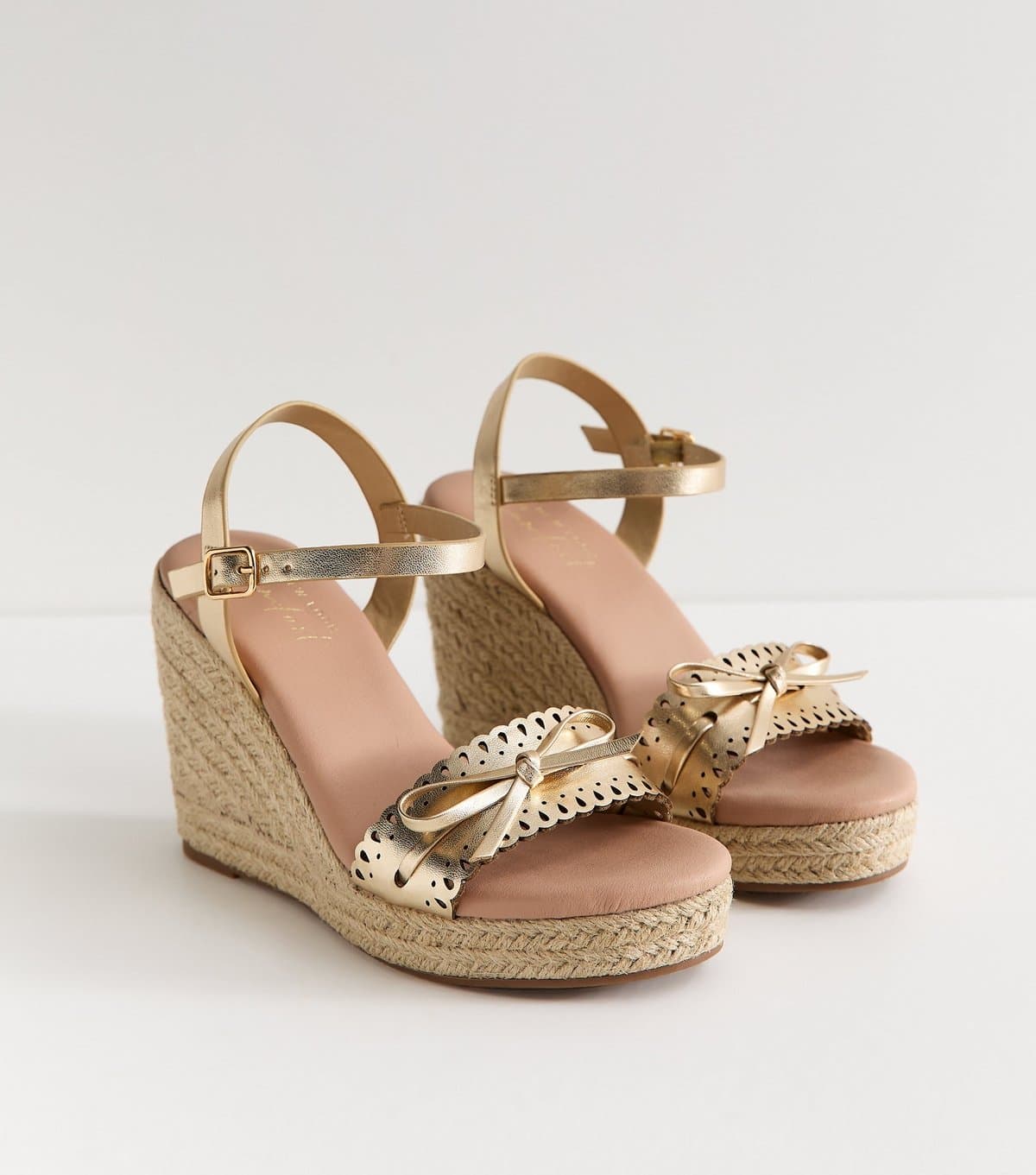 New Look Women's Gold Faux Leather Threaded Bow Wedge Sandals Vegan New Look