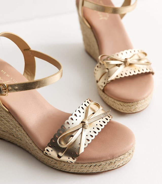 New Look Women's Gold Faux Leather Threaded Bow Wedge Sandals Vegan New Look - 3