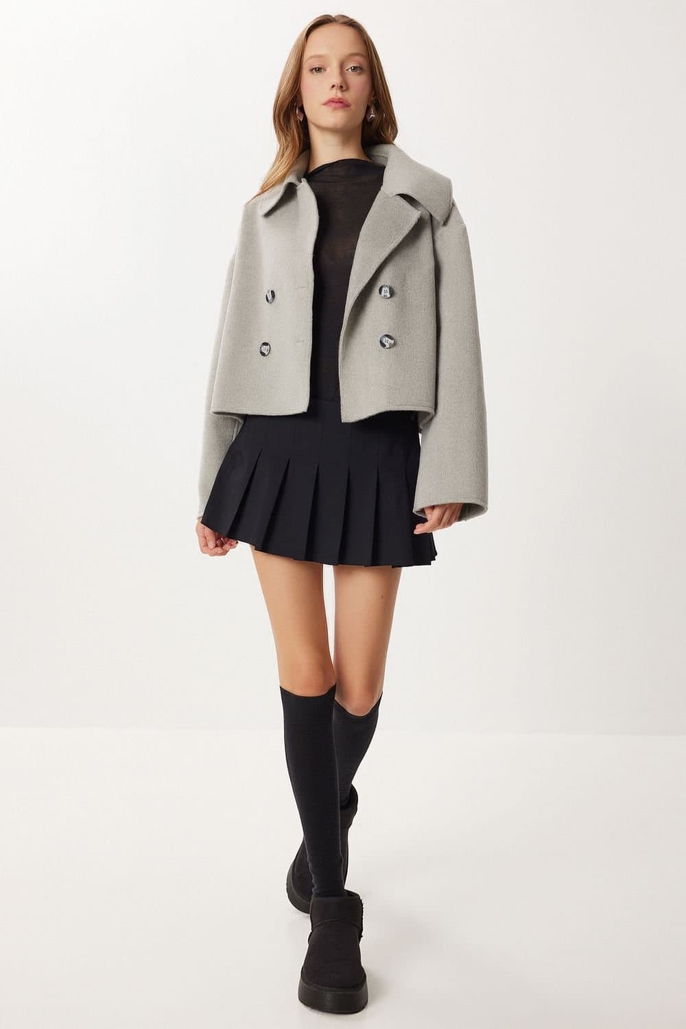 Happiness Istanbul Happiness Istanbul Women's Textured Double Breasted Overcoat in Grey