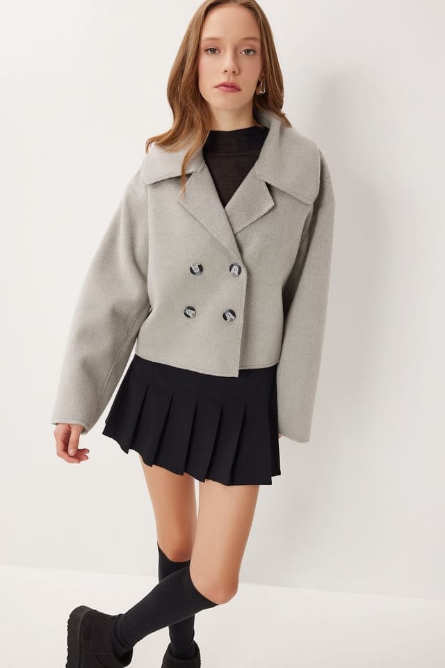 Happiness Istanbul Happiness Istanbul Women's Textured Double Breasted Overcoat in Grey - 2