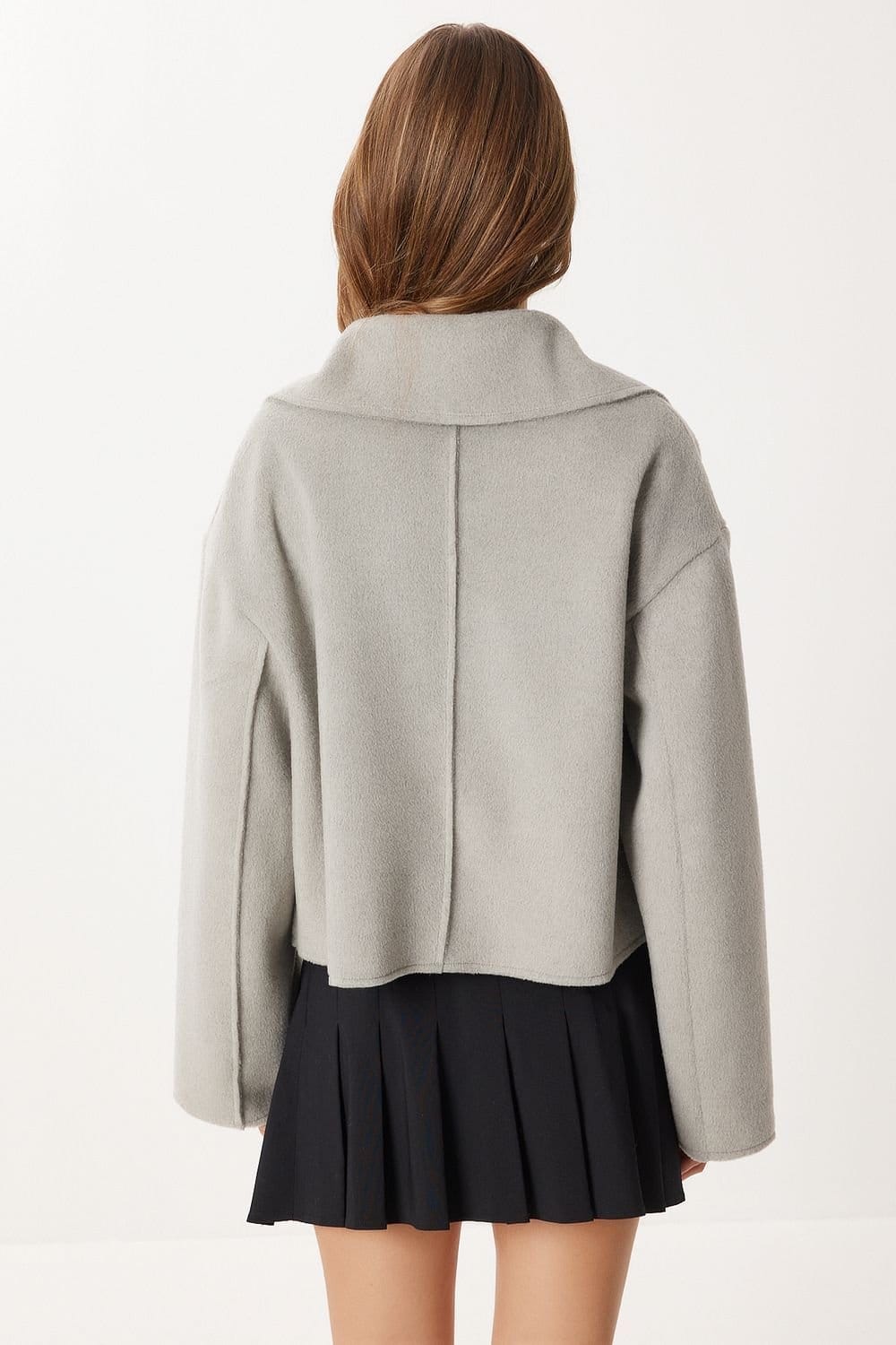 Happiness Istanbul Happiness Istanbul Women's Textured Double Breasted Overcoat in Grey - 4