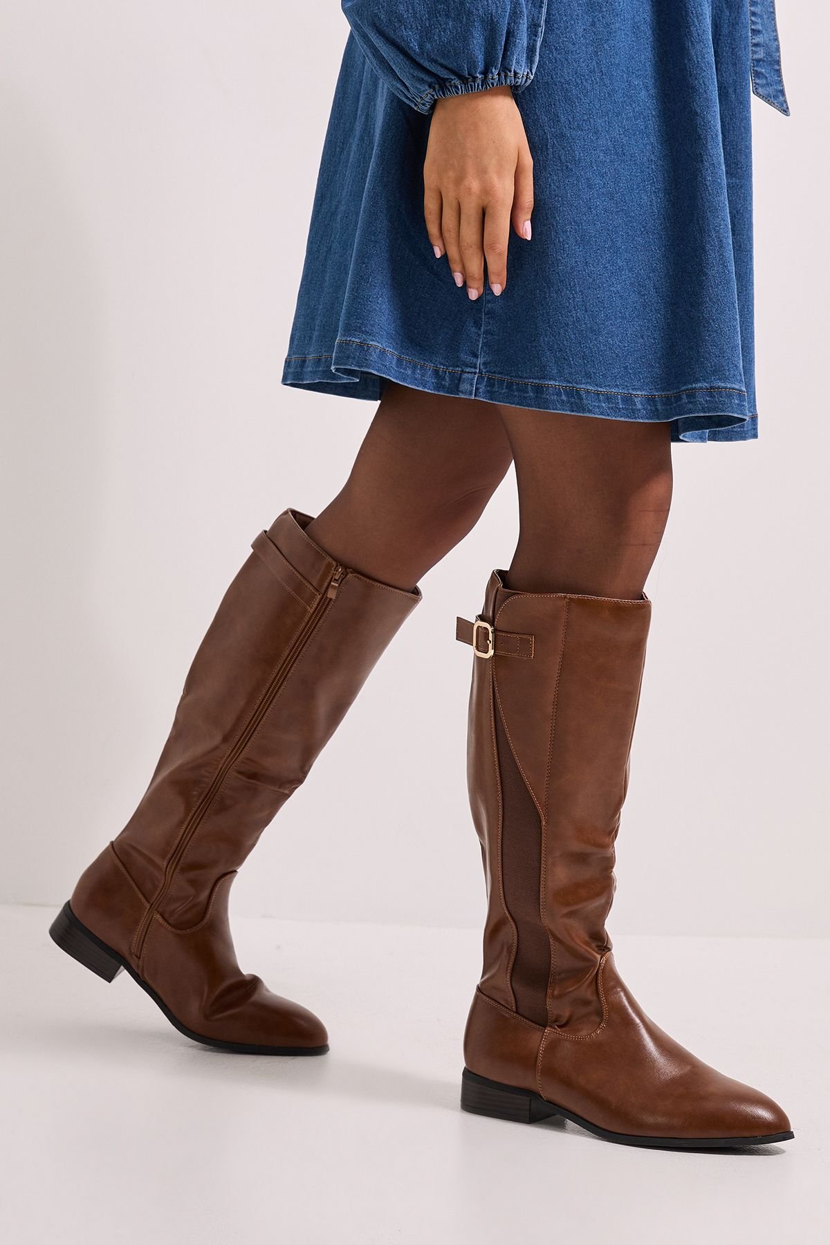 Dorothy Perkins Dorothy Perkins Women's Kamille Faux Leather Elastic Knee High Riding Boots in Dark Tan - 3