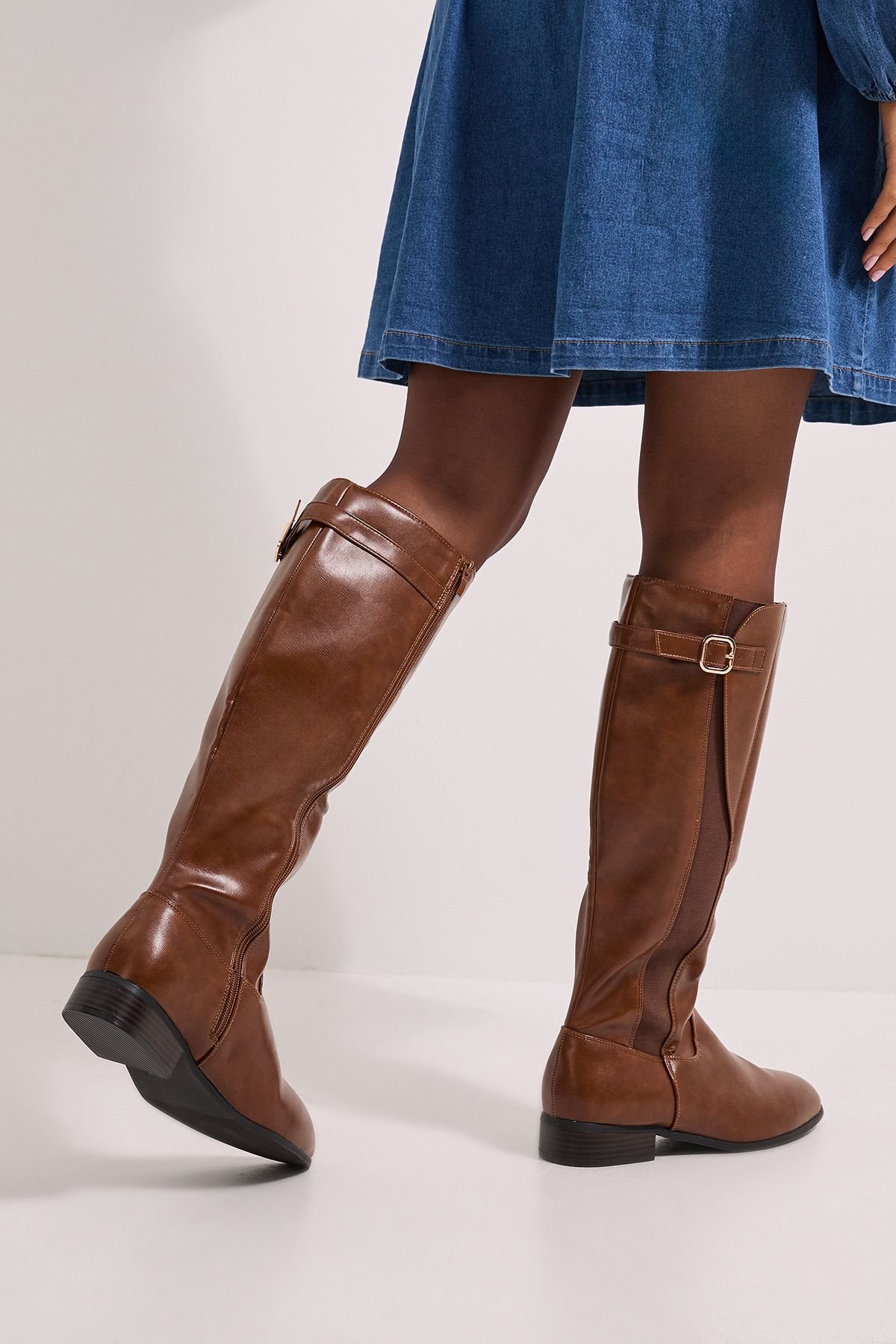 Dorothy Perkins Dorothy Perkins Women's Kamille Faux Leather Elastic Knee High Riding Boots in Dark Tan - 4