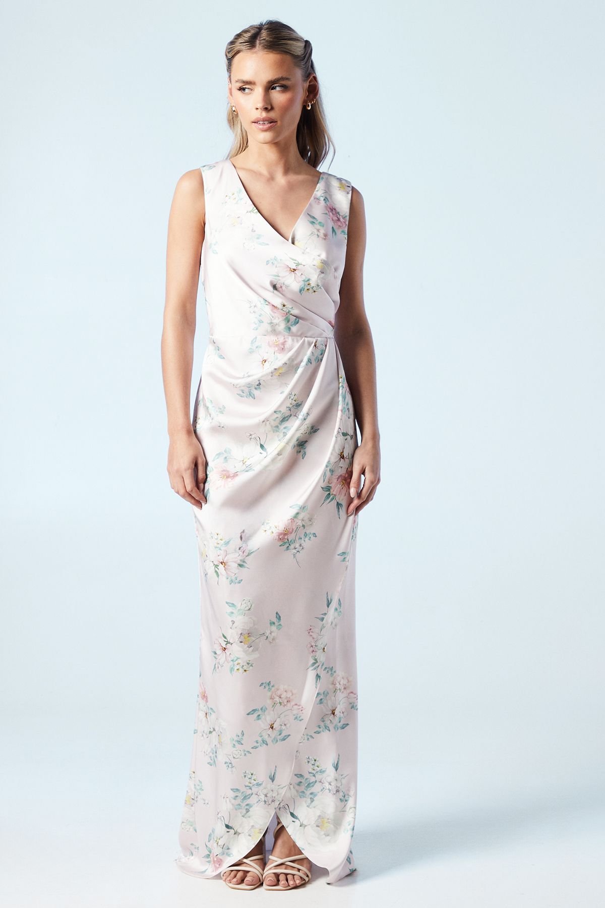 Coast Coast Women's Petite Spring Posy Printed Satin Ruche Waist Bridesmaid Dress in Blush - 2