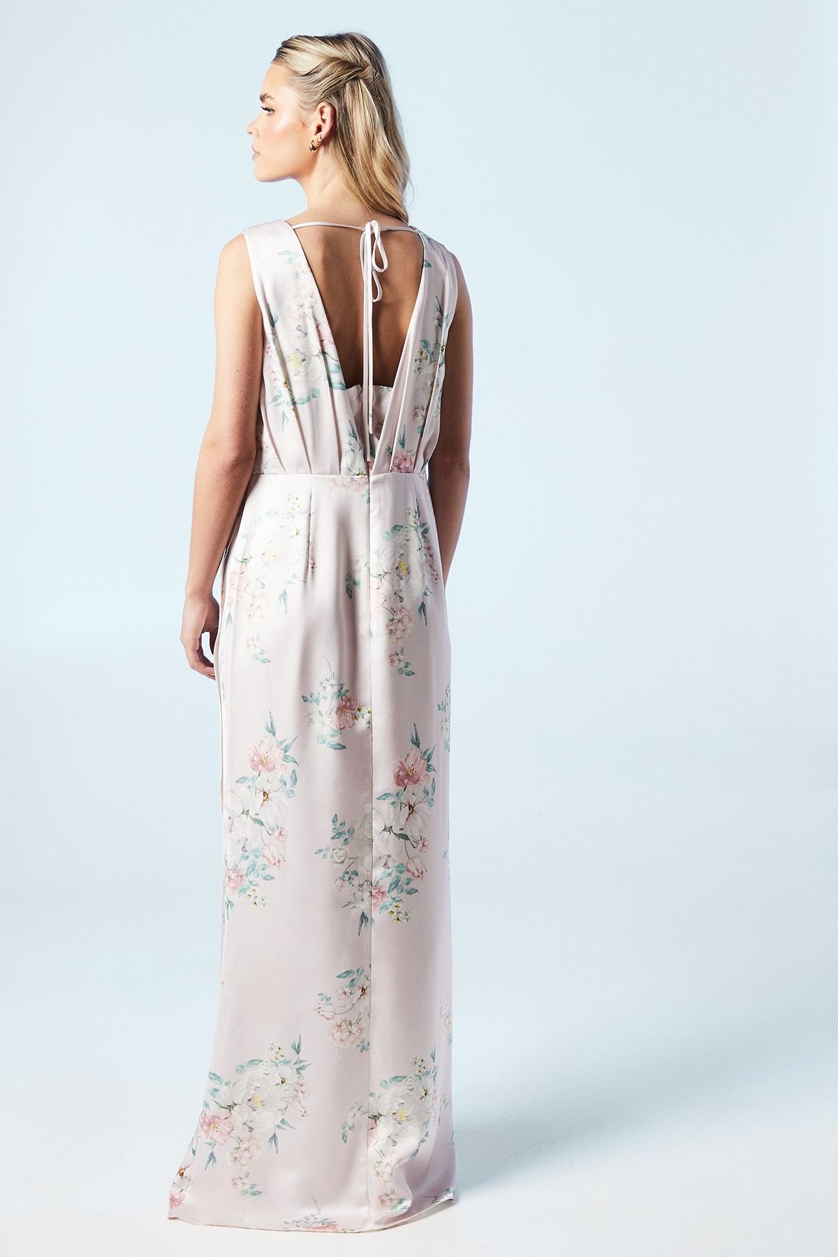 Coast Coast Women's Petite Spring Posy Printed Satin Ruche Waist Bridesmaid Dress in Blush - 3