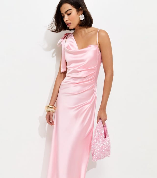 New Look Women's Light Pink Satin Draped Shoulder Bow Midi Dress New Look - 3