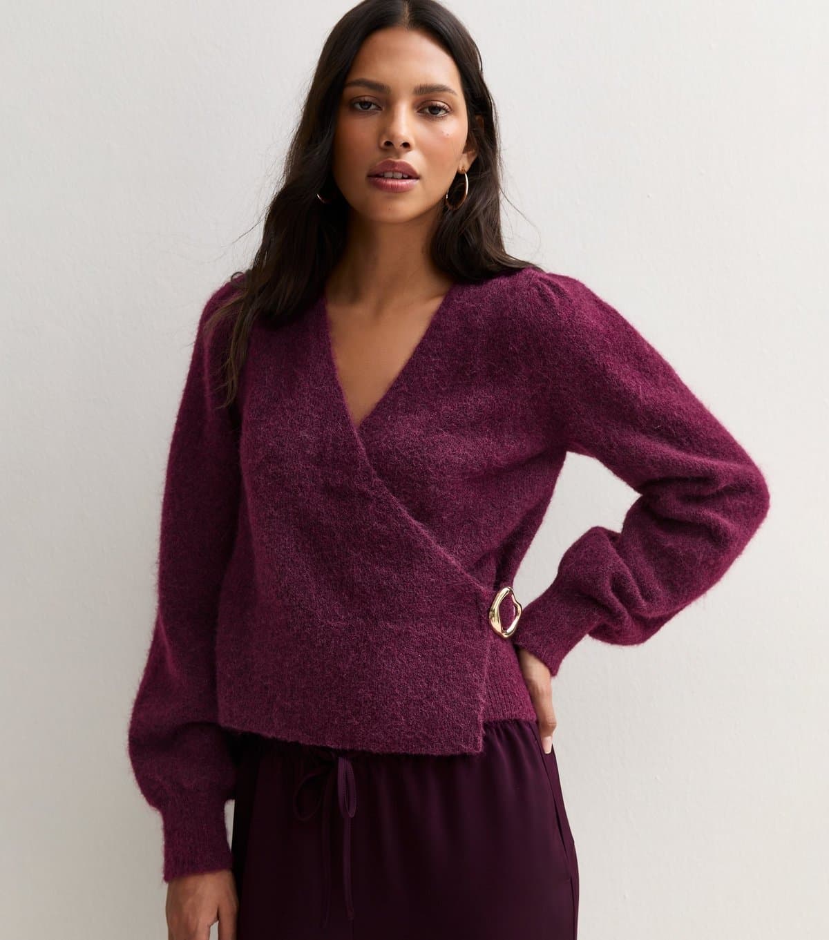 New Look Women's Bright Purple Knitted Buckle Wrap Jumper with Wool New Look