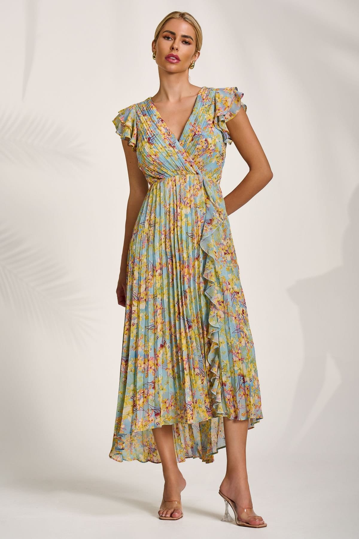 Jolie Moi Jolie Moi Women's Pleated Chiffon Dip Hem Maxi Dress in Light Blue - 4