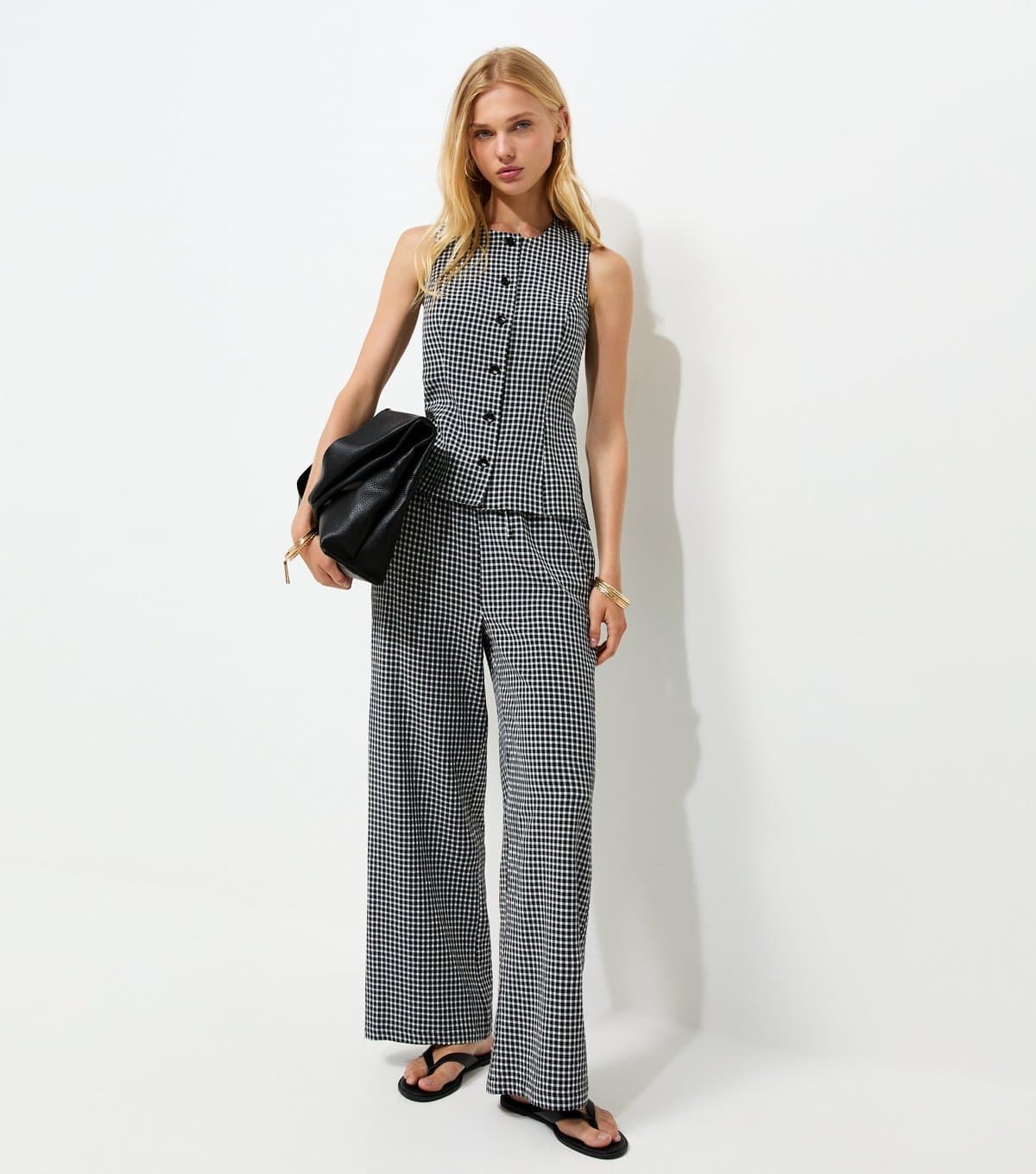 New Look Women's Black Gingham Print Wide Leg Drawstring Trousers New Look