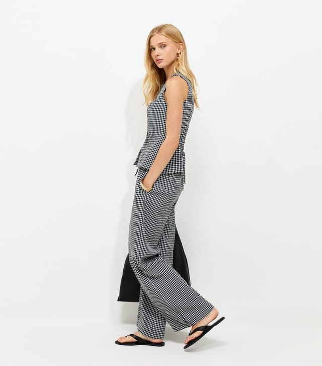 New Look Women's Black Gingham Print Wide Leg Drawstring Trousers New Look - 2