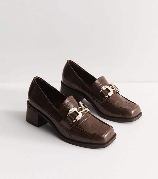 New Look Women's Dark Brown Faux Leather Crocodile Embossed Block Heel Loafers Vegan New Look - 2
