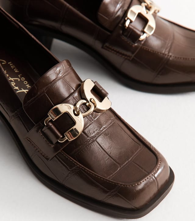 New Look Women's Dark Brown Faux Leather Crocodile Embossed Block Heel Loafers Vegan New Look - 3