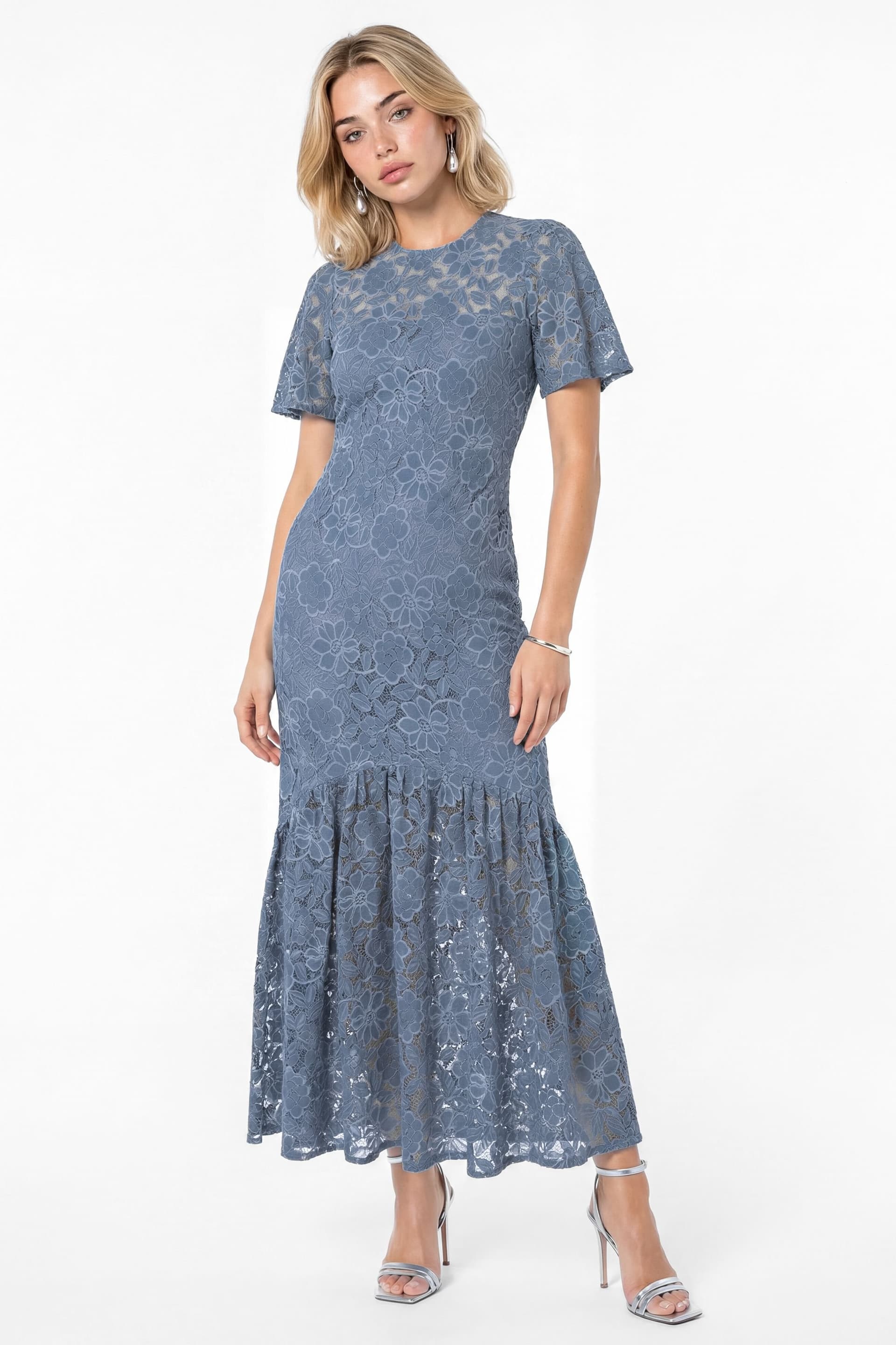 Lovedrobe Lovedrobe Women's Floral Lace Angel Sleeve Midaxi Dress in Blue