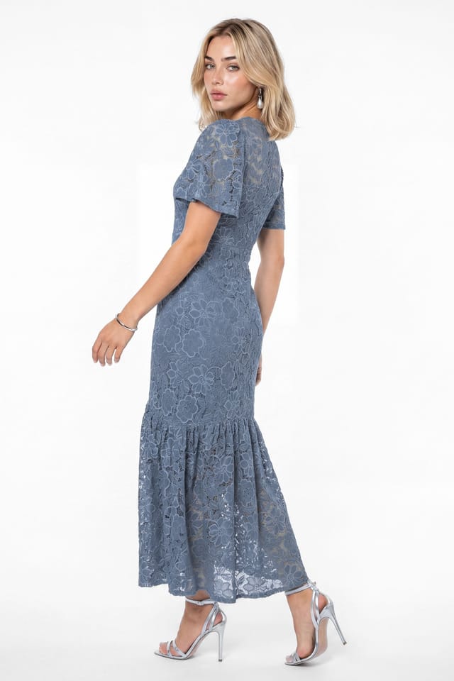 Lovedrobe Lovedrobe Women's Floral Lace Angel Sleeve Midaxi Dress in Blue - 2