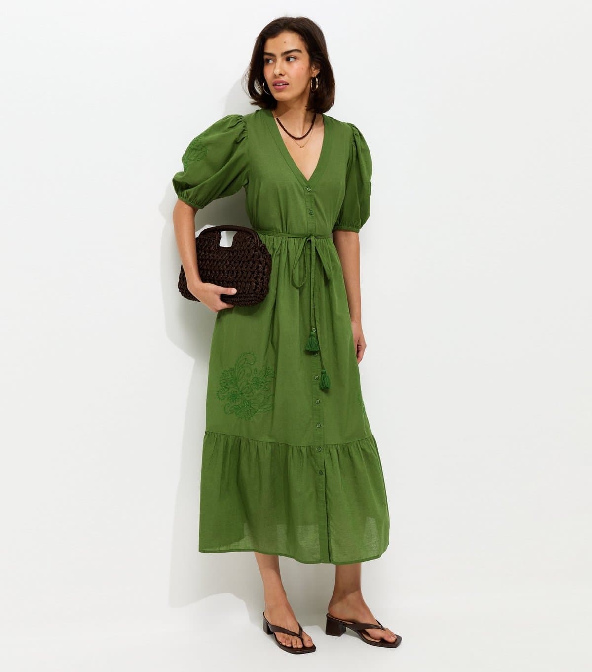 New Look Women's Bright Green Embroidered Smock Midi Dress New Look