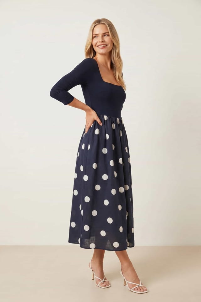 Style Cheat Style Cheat Women's Sadie Navy & Cream Polka Dot 3/4 Sleeve Dress - 2