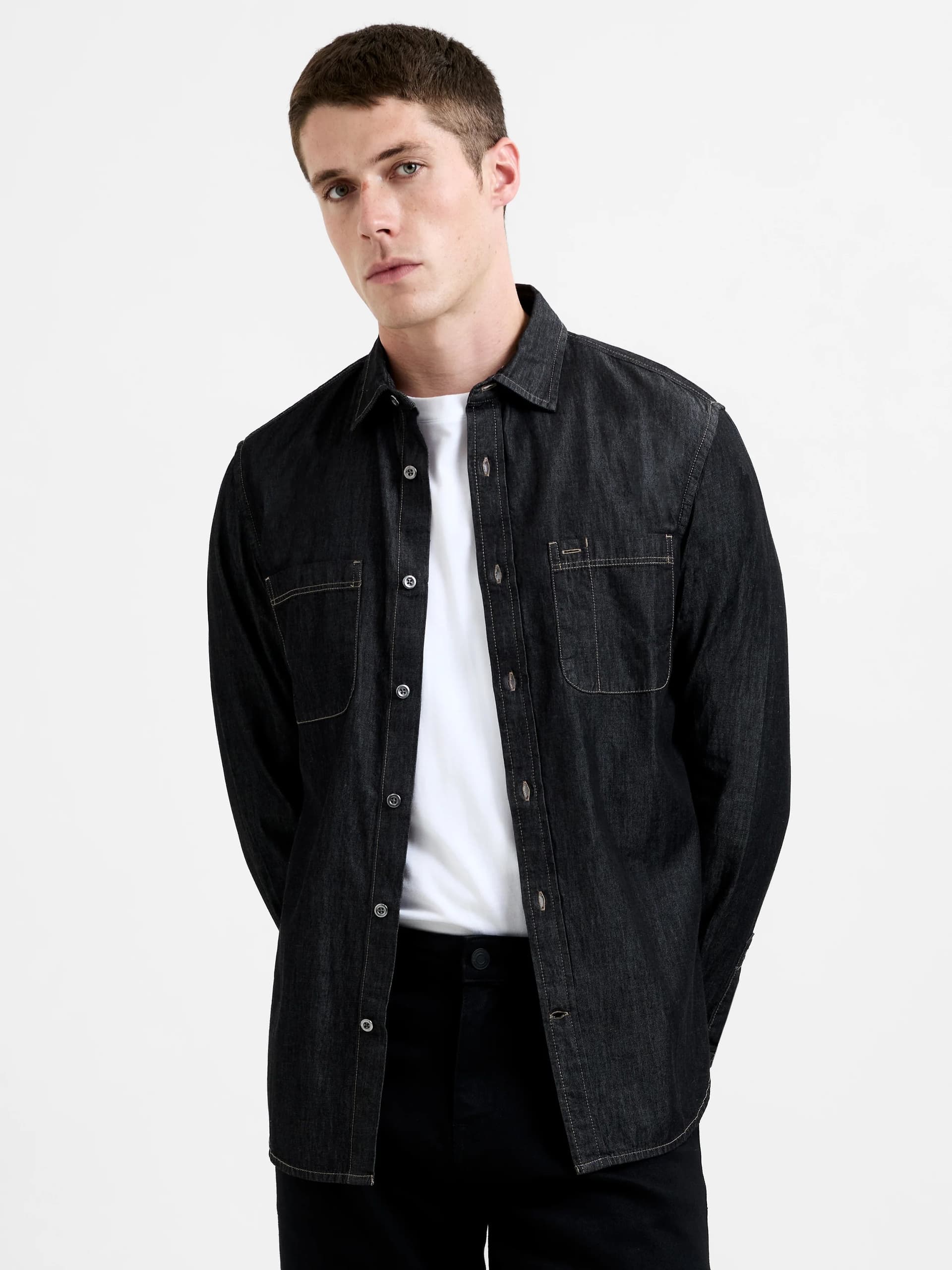 French Connection Ls Reg Fit Denim Shirt Washed Black