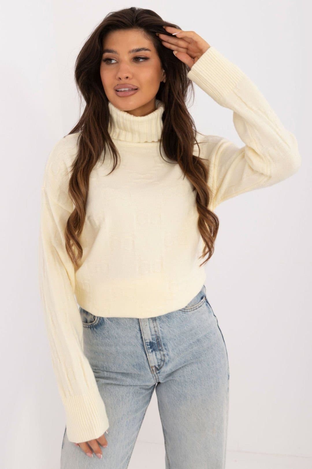 Love Lace Love Lace Women's Textured Acrylic Blend Turtleneck Sweater in Cream
