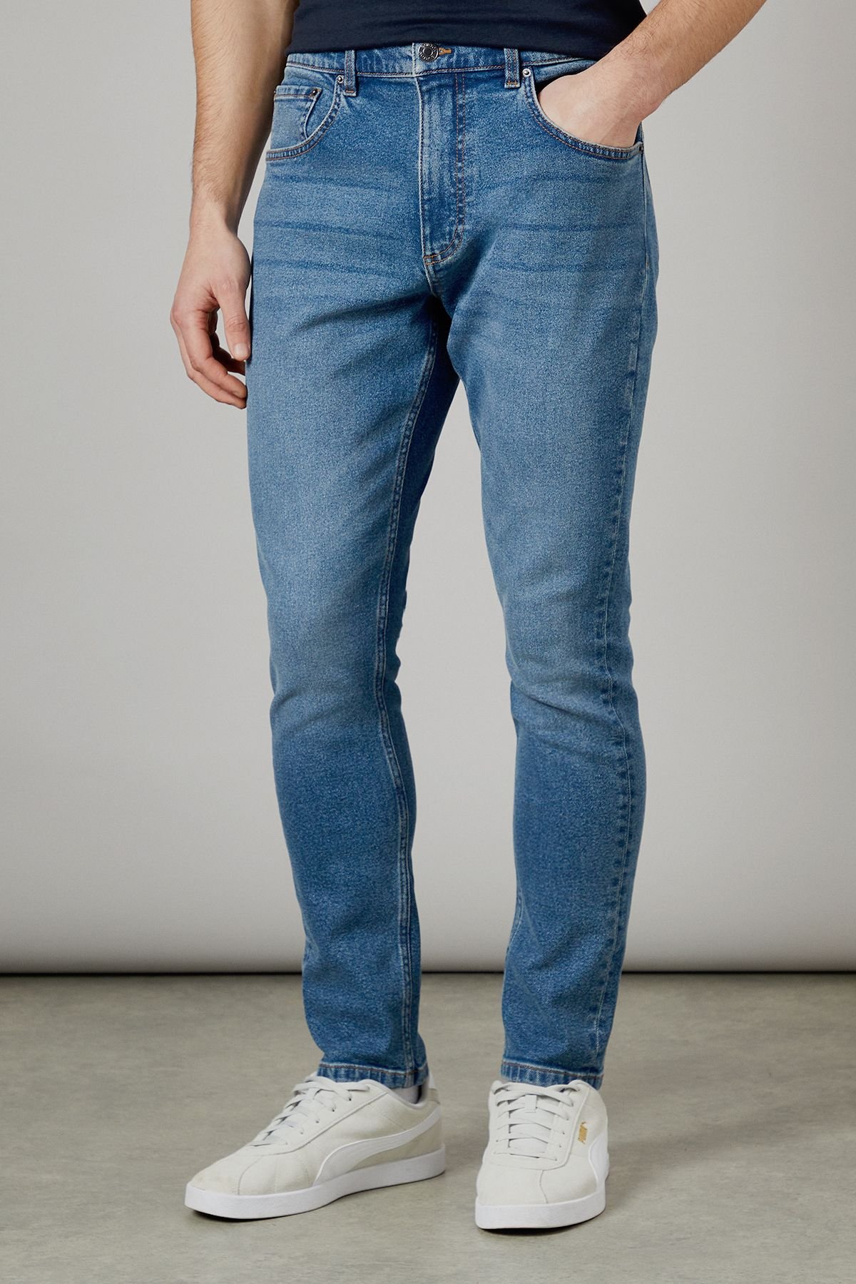 Burton Burton Men's Stone Wash Stretch Slim Fit Jeans in Light Blue - 2