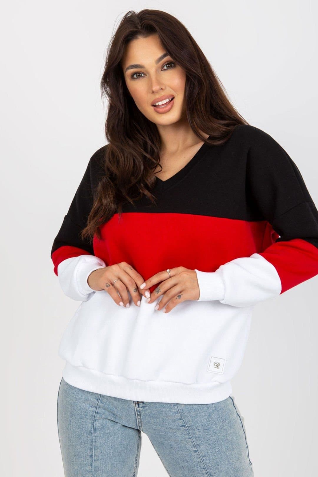 Love Lace Love Lace Women's Cotton V Neck Long Sleeve Color Detail Sweatshirt in Black