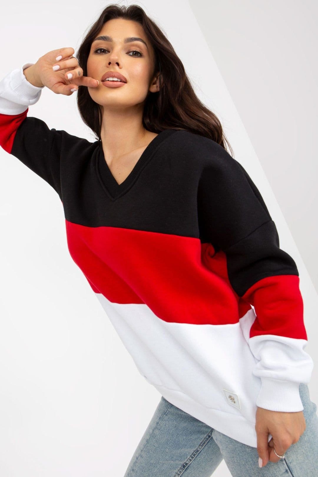 Love Lace Love Lace Women's Cotton V Neck Long Sleeve Color Detail Sweatshirt in Black - 4