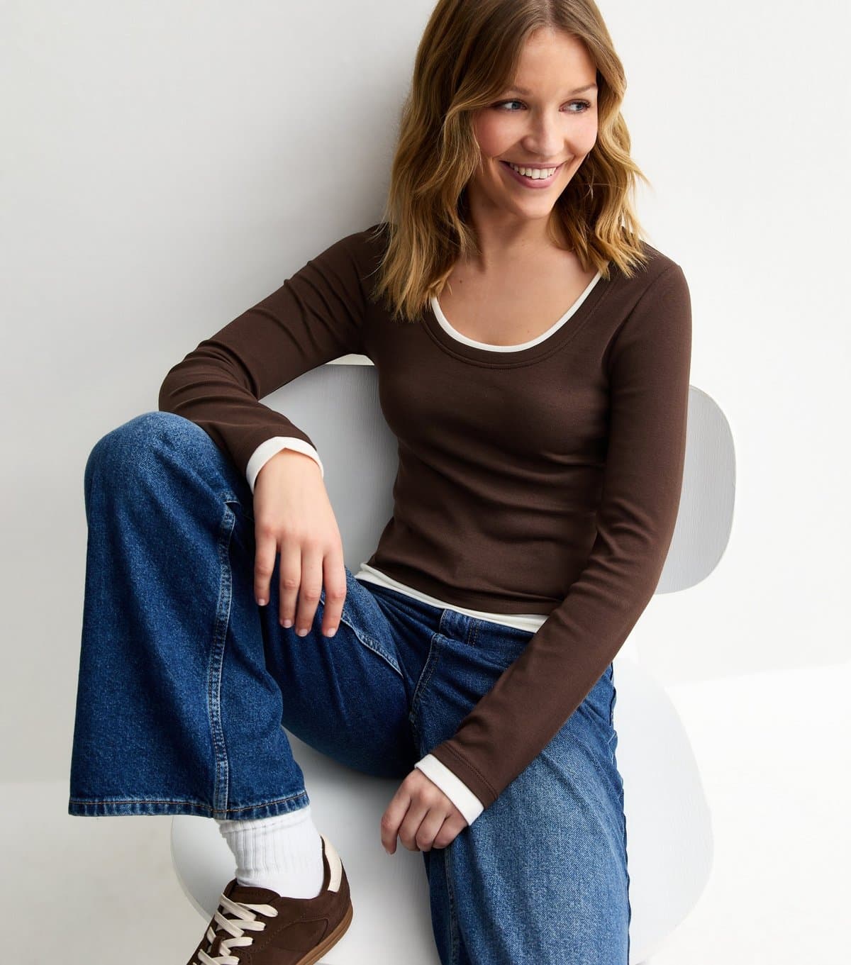 New Look Women's Brown 2-In-1 Long Sleeve Scoop Neck Top New Look