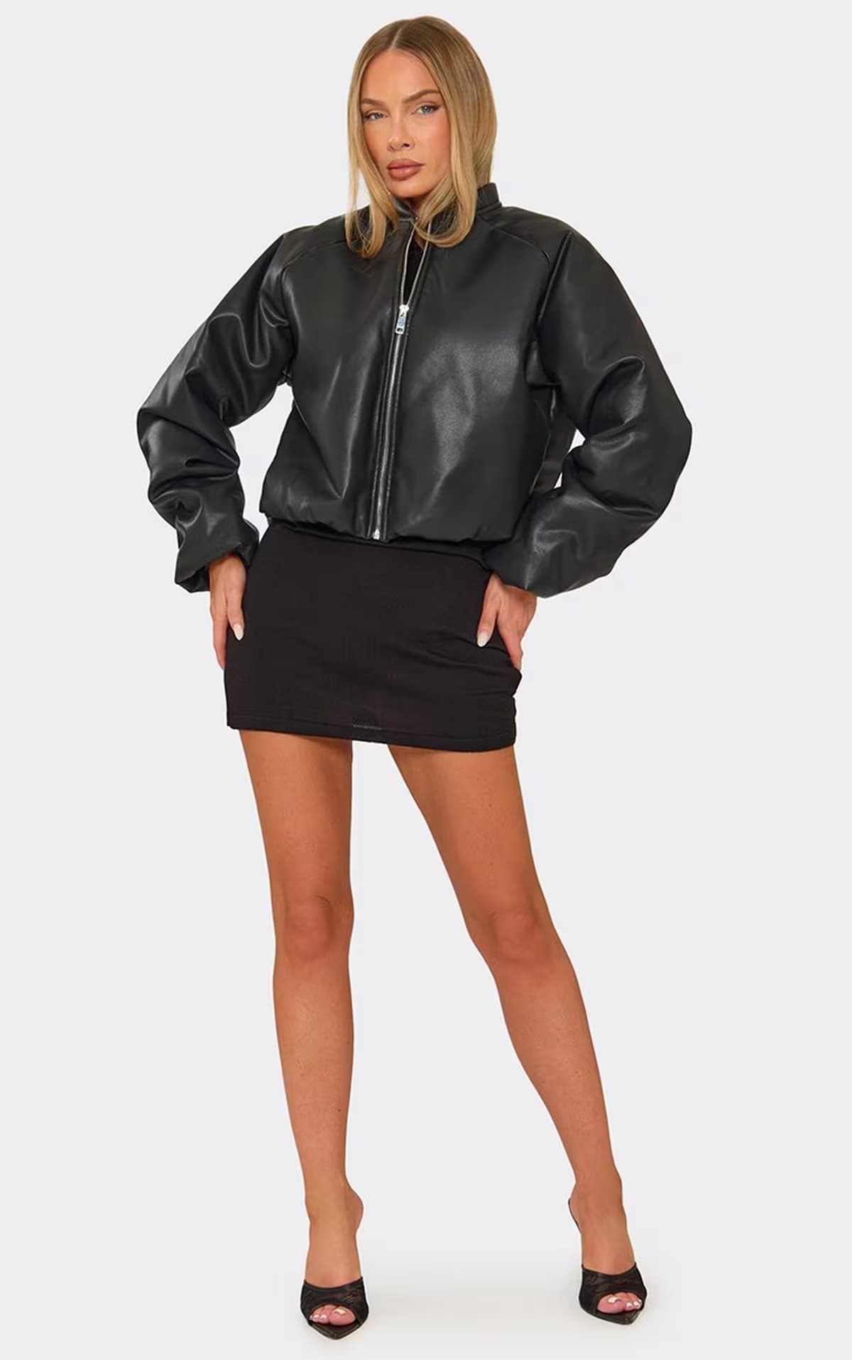 EGO Long Sleeve Bomber Puffer Jacket In Black Faux Leather, Women's Size UK 6