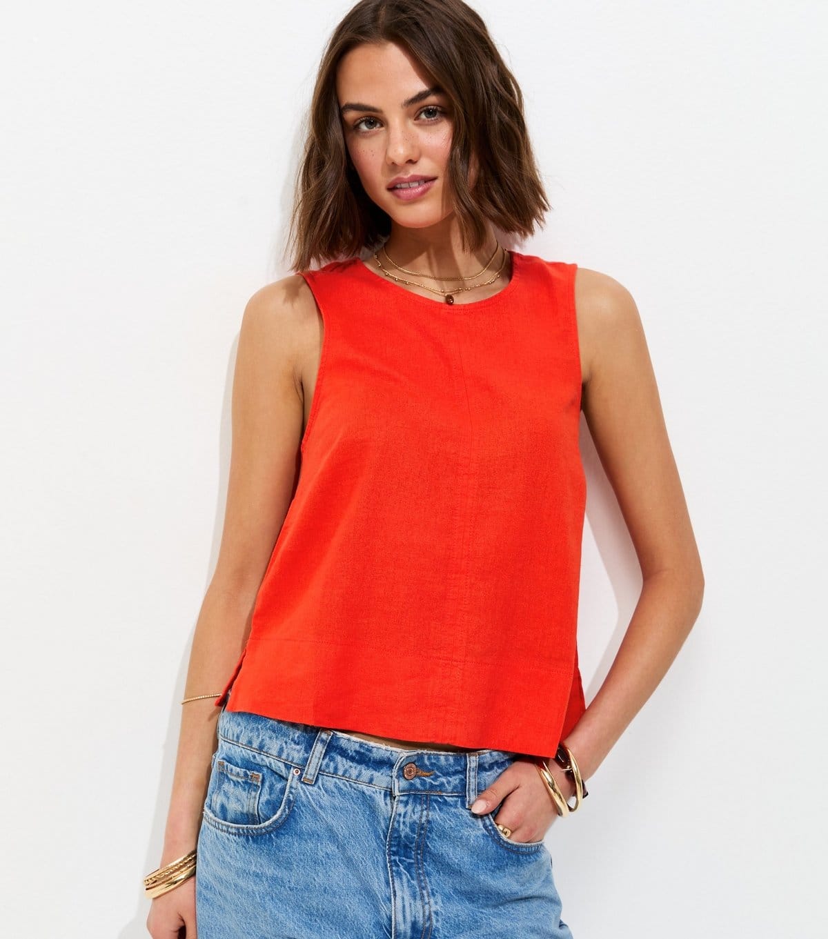 New Look Bright Red Linen Blend Sleeveless Top
