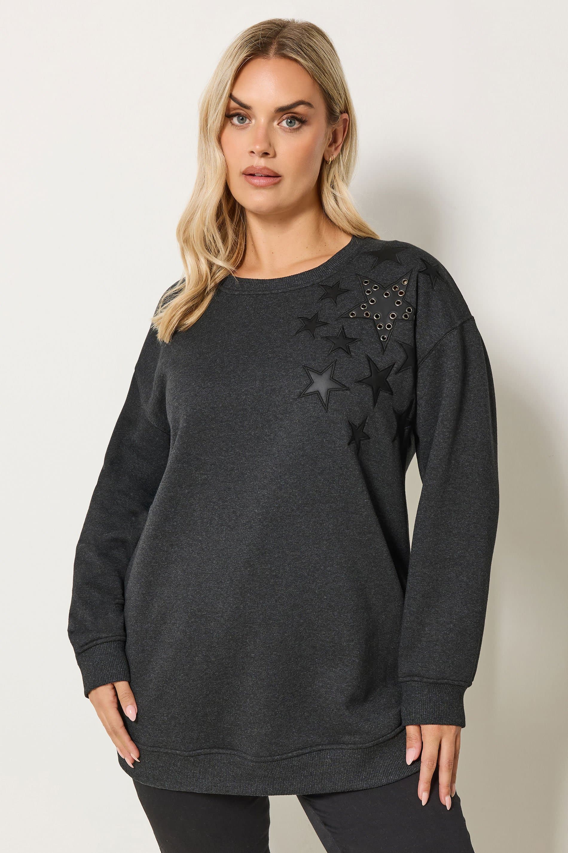 Yours Plus Size Grey Eyelet Star Detail Sweatshirt