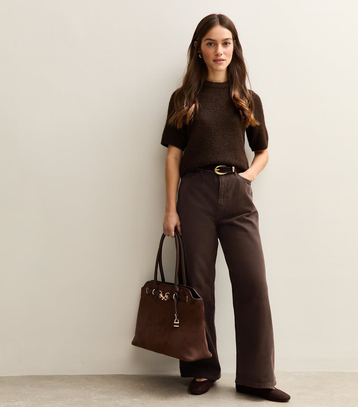 New Look Women's Petite Brown Adalae High Waisted Wide Leg Jeans New Look