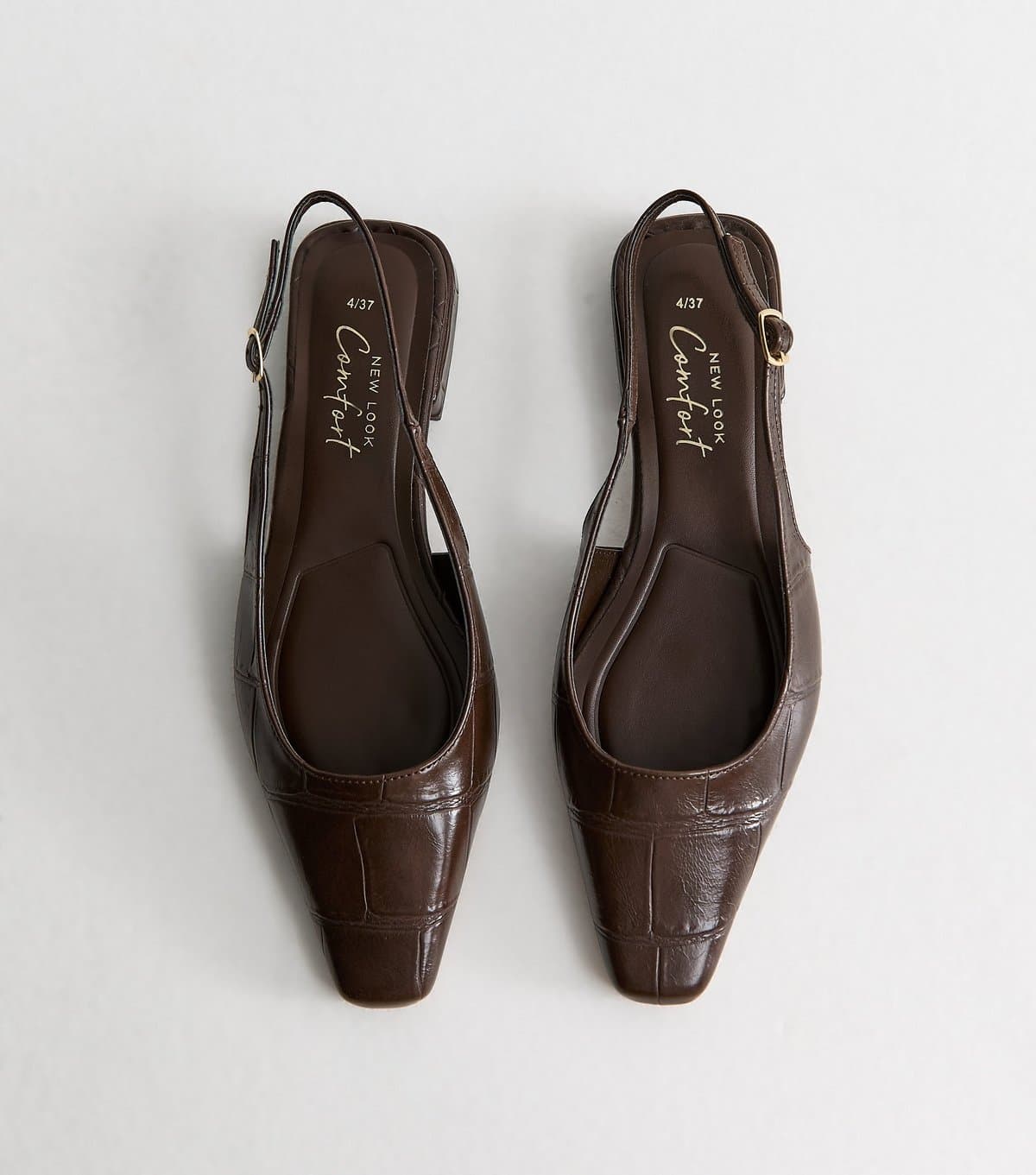 New Look Women's Dark Brown Croc Embossed Pointed Slingback Pumps Vegan New Look