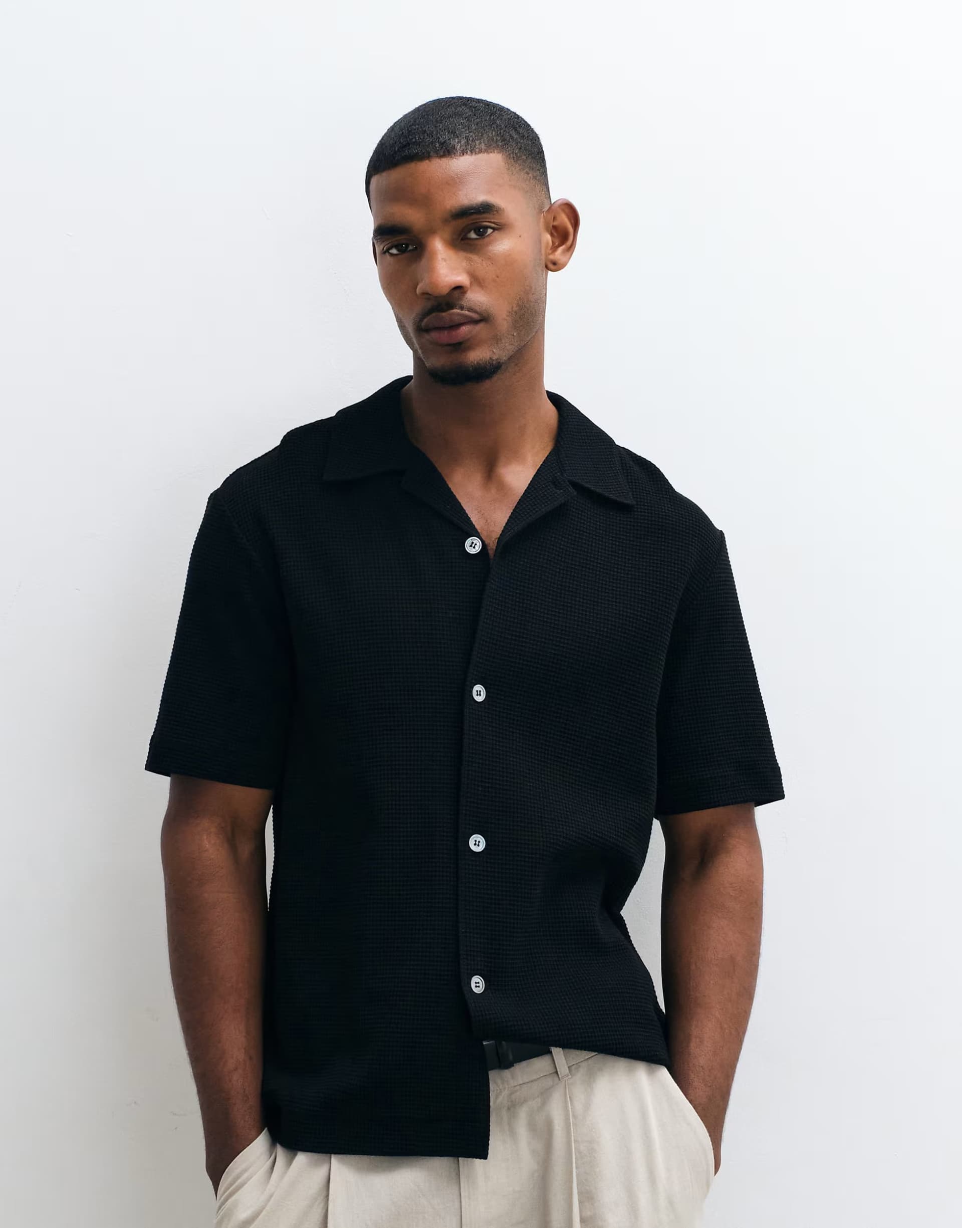 ASOS ARKET waffle jersey short sleeve shirt in black