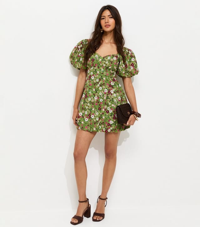 New Look Women's Green Floral Print Milkmaid Mini Dress New Look - 3