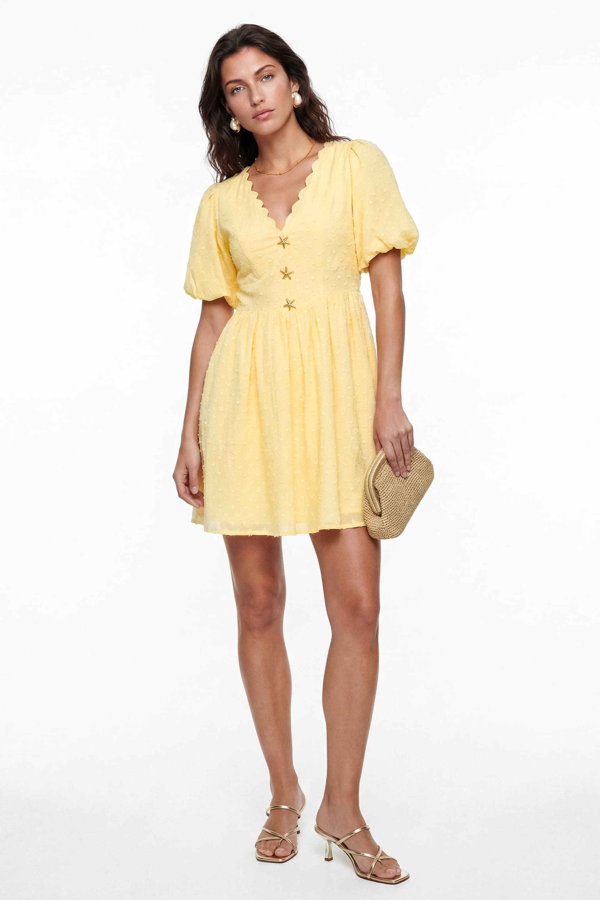 Lovedrobe Lovedrobe Women's Scalloped V Neck Starfish Button Mini Dress in Lemon