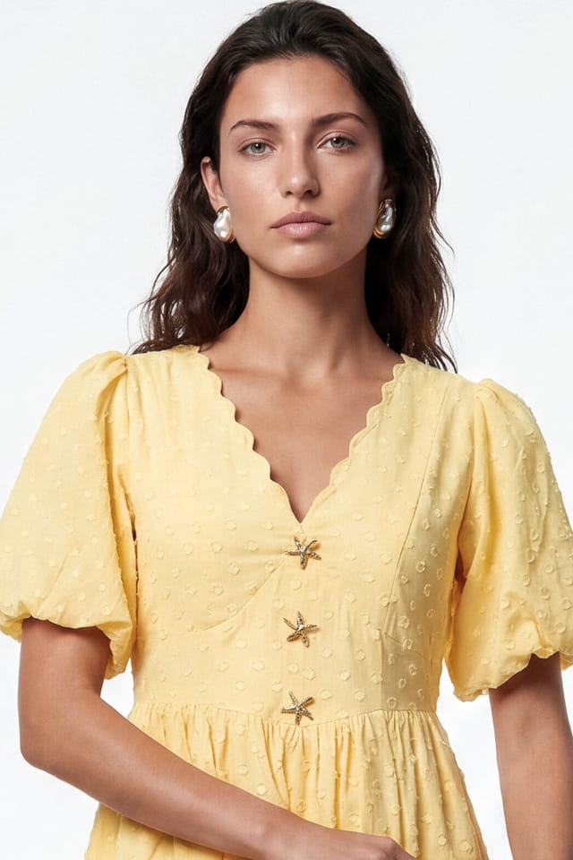 Lovedrobe Lovedrobe Women's Scalloped V Neck Starfish Button Mini Dress in Lemon - 3