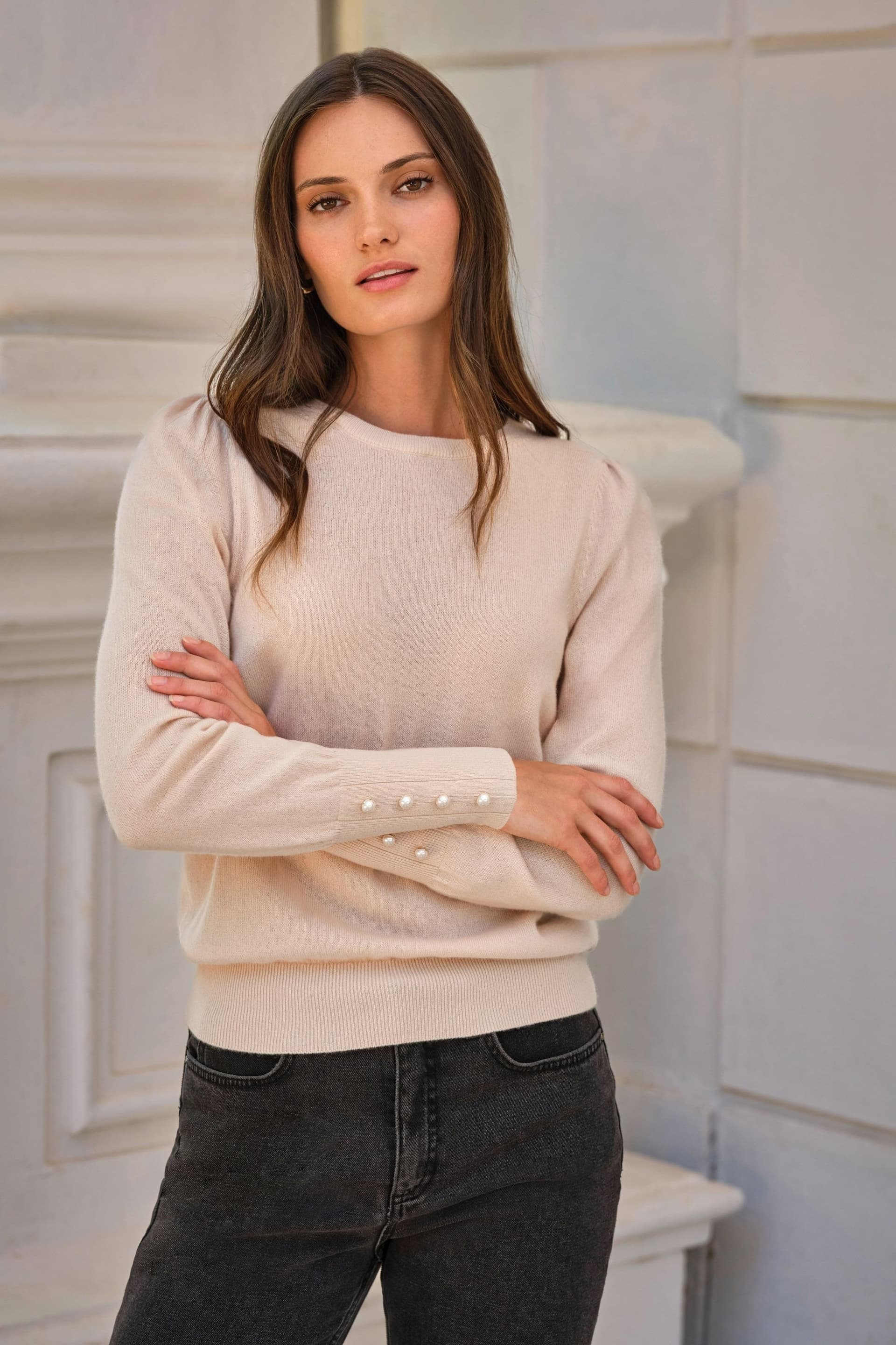 Pure Collection Pure Collection Women's Wool Cashmere Lace Collar Sweater in Cream