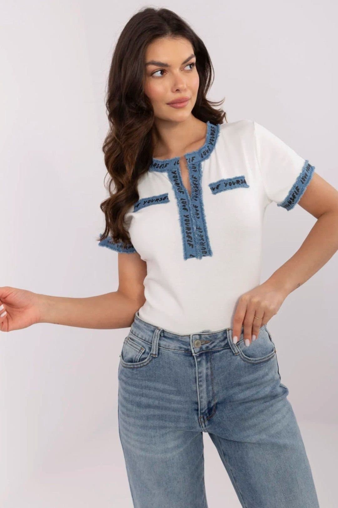 Love Lace Love Lace Women's Fitted Cotton Elastane V Neck Denim Trim Blouse in White