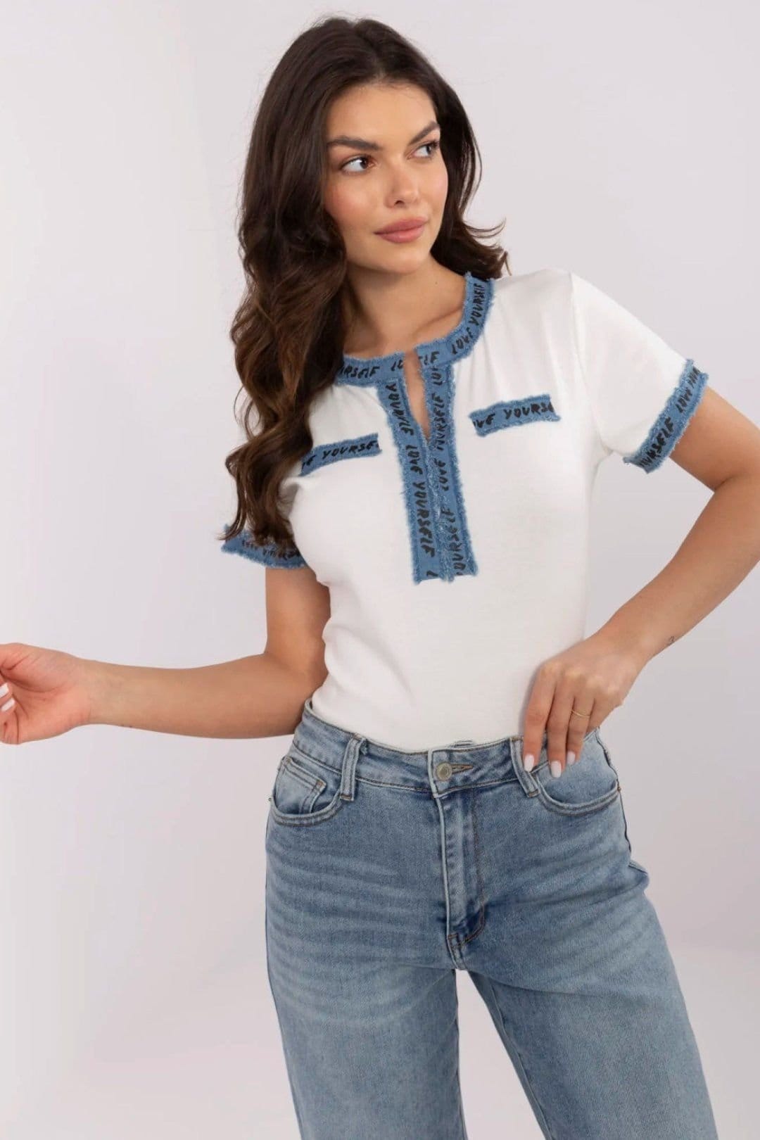 Love Lace White Cotton Elastane V-Neck Denim Trim Blouse