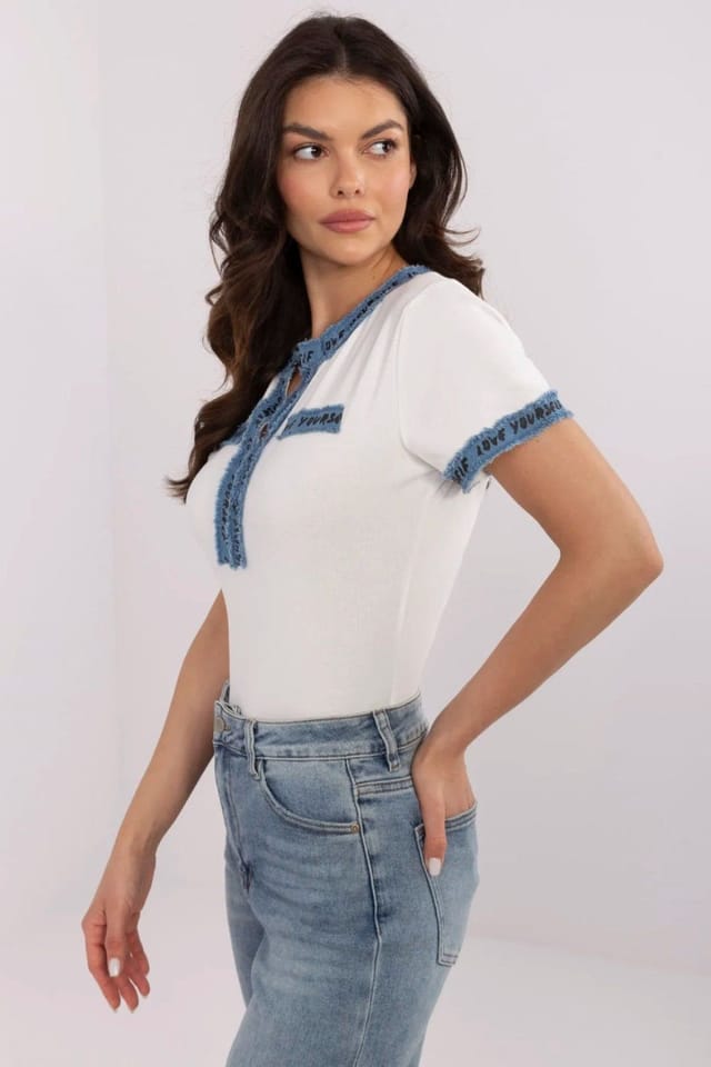 Love Lace Love Lace Women's Fitted Cotton Elastane V Neck Denim Trim Blouse in White - 2