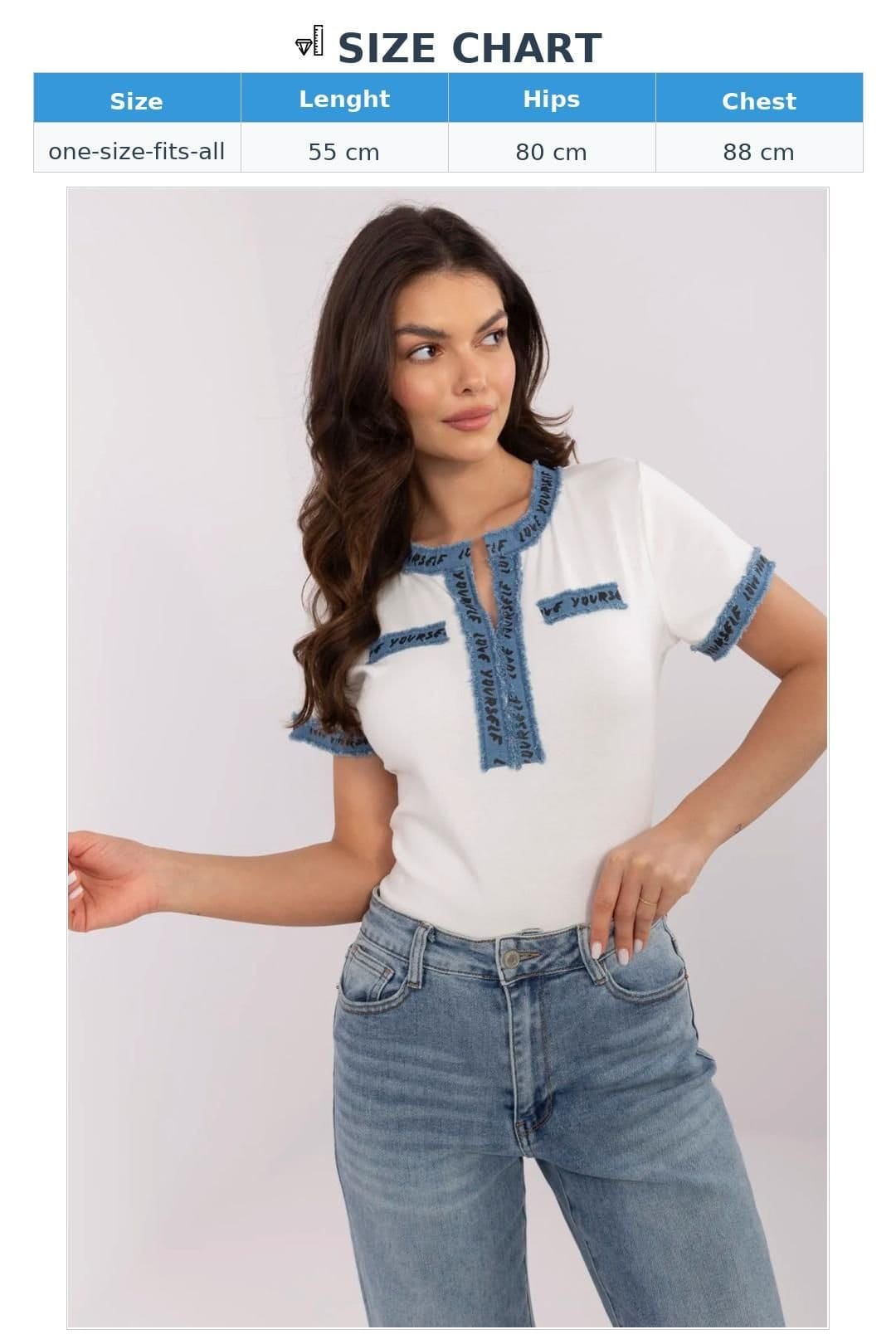 Love Lace Love Lace Women's Fitted Cotton Elastane V Neck Denim Trim Blouse in White - 4