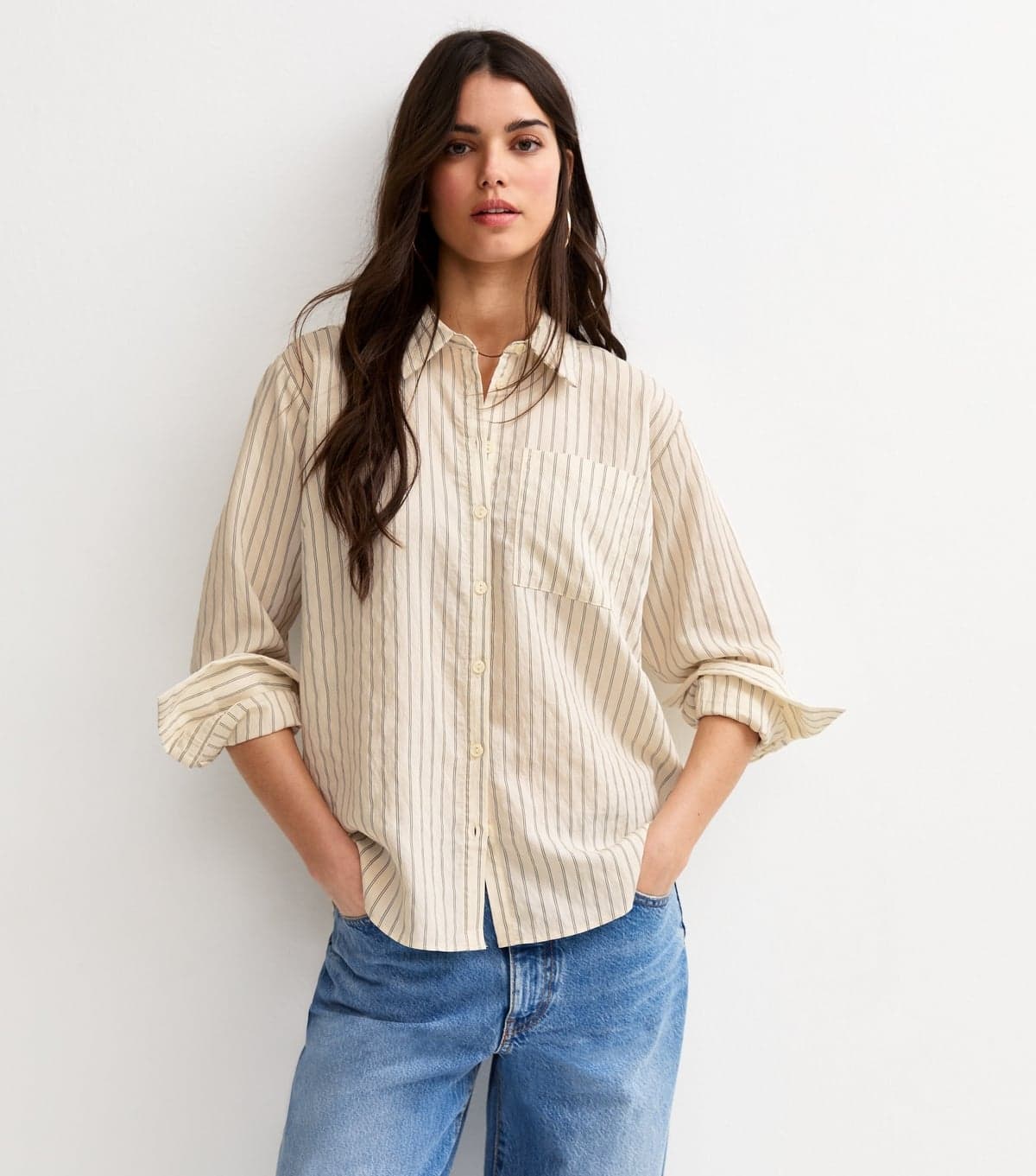 New Look Women's White Pinstripe Oversized Pocket Shirt New Look
