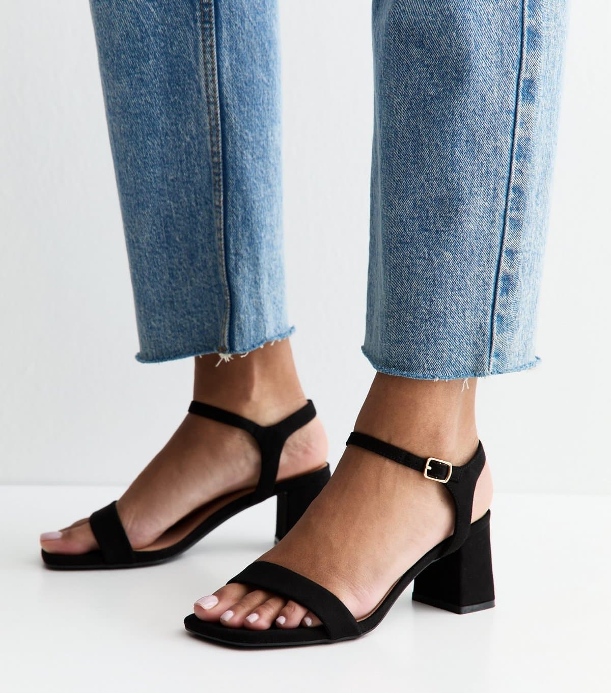 New Look Women's Black Faux Suede Square Toe Block Heel Sandals Vegan New Look