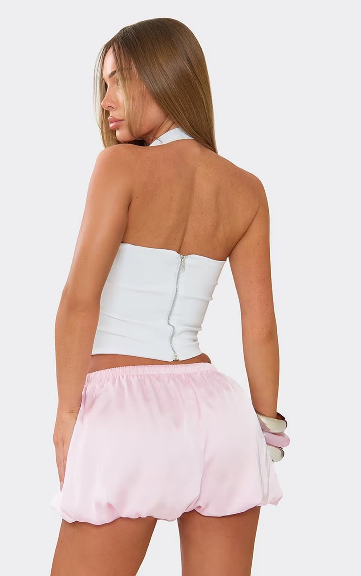 EGO Low Rise Puffball Mini Shorts In Pink Satin, Women's Size UK 6