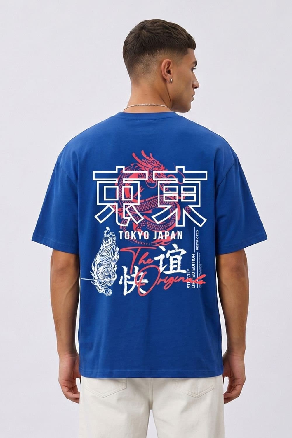 LONDON ATTITUDE LONDON ATTITUDE Men's Tokyo Dragon Oversized Heavyweight Cotton T-Shirt in Royal