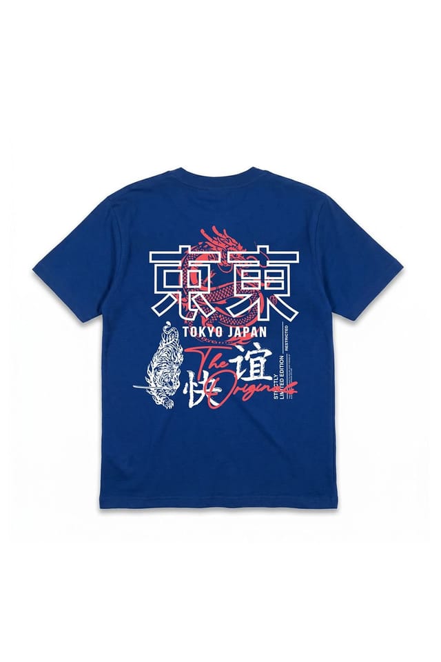 LONDON ATTITUDE LONDON ATTITUDE Men's Tokyo Dragon Oversized Heavyweight Cotton T-Shirt in Royal - 2
