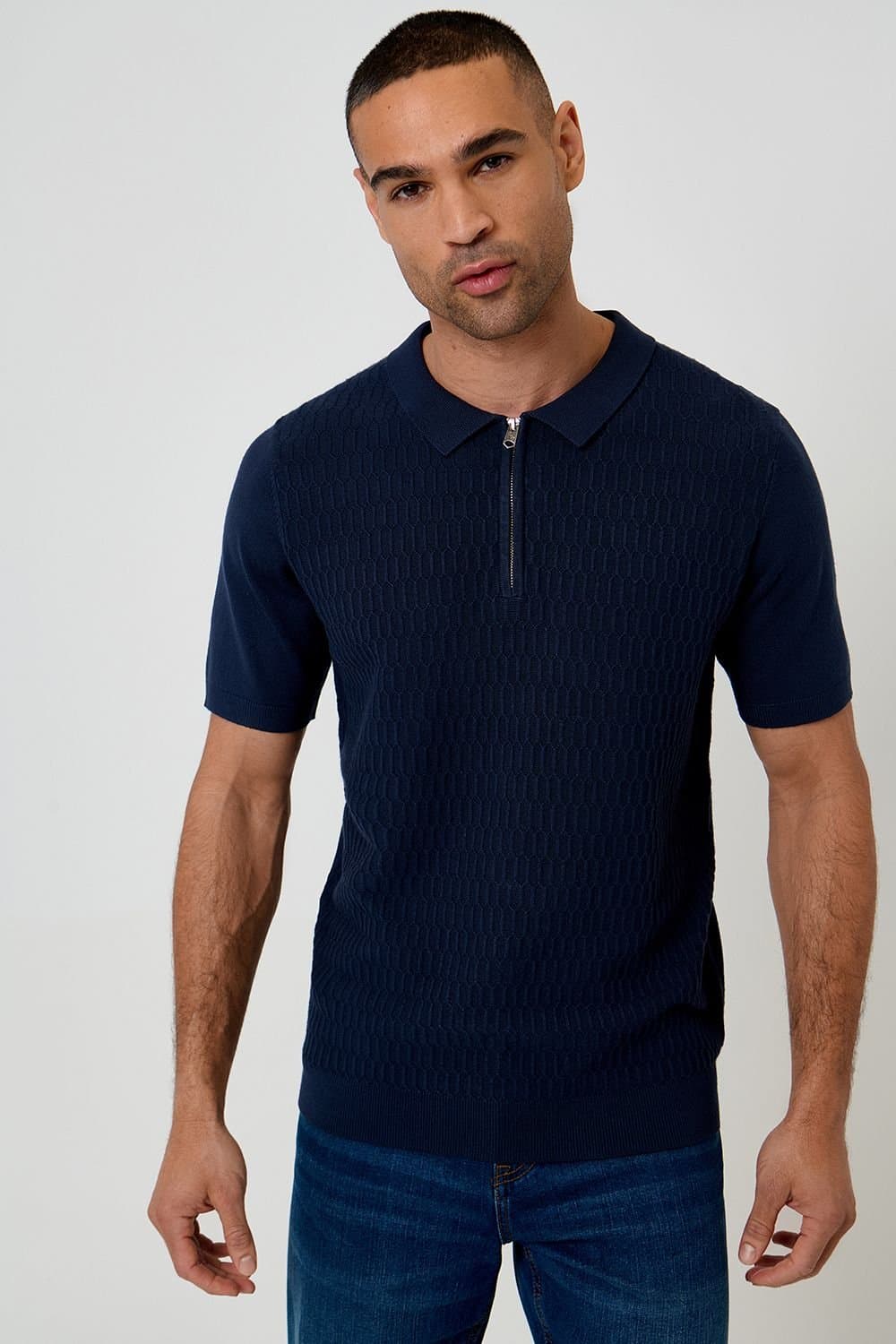 Threadbare Threadbare Men's Textured Knit Quarter Zip Polo in Navy