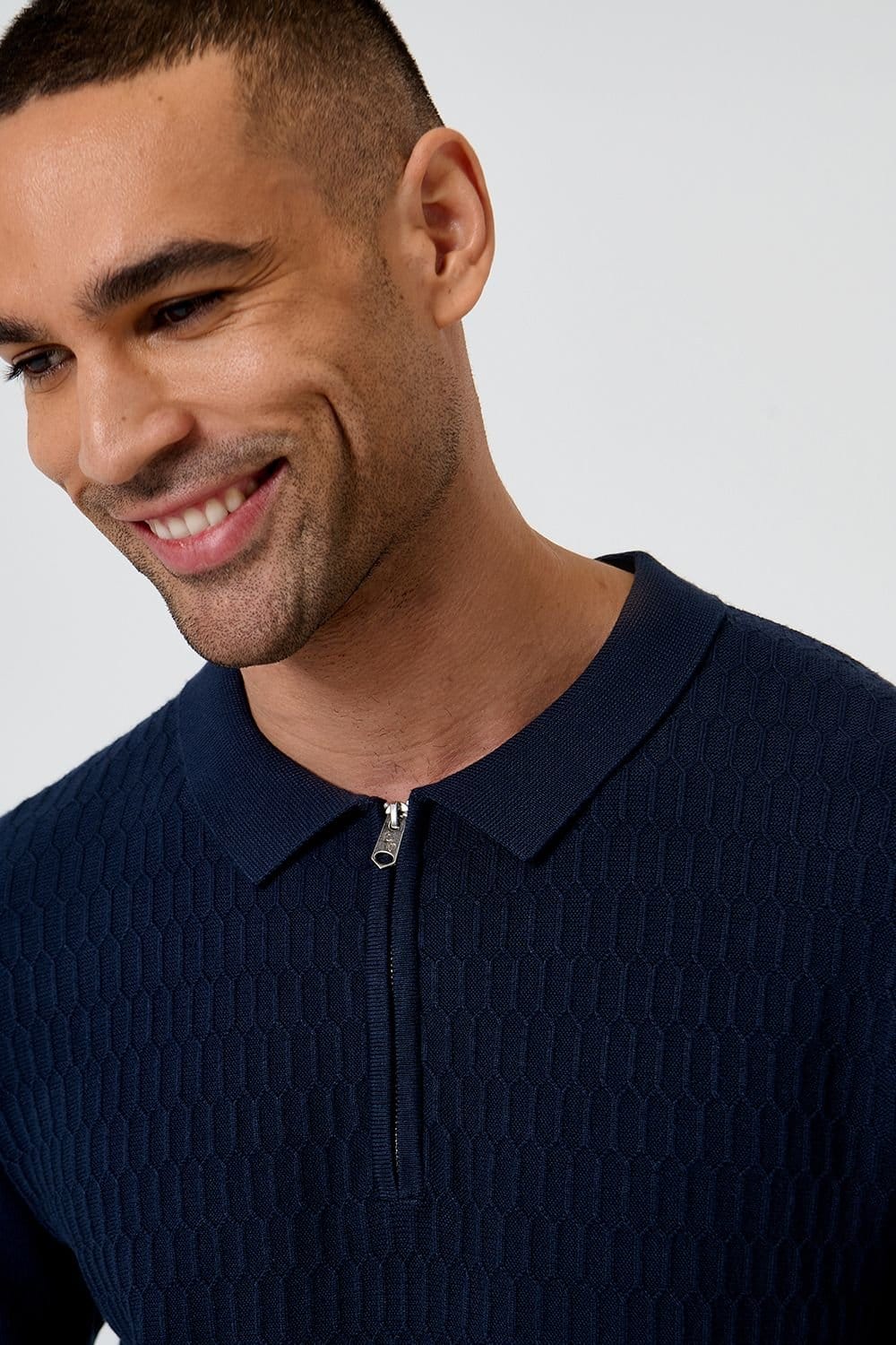 Threadbare Threadbare Men's Textured Knit Quarter Zip Polo in Navy - 4
